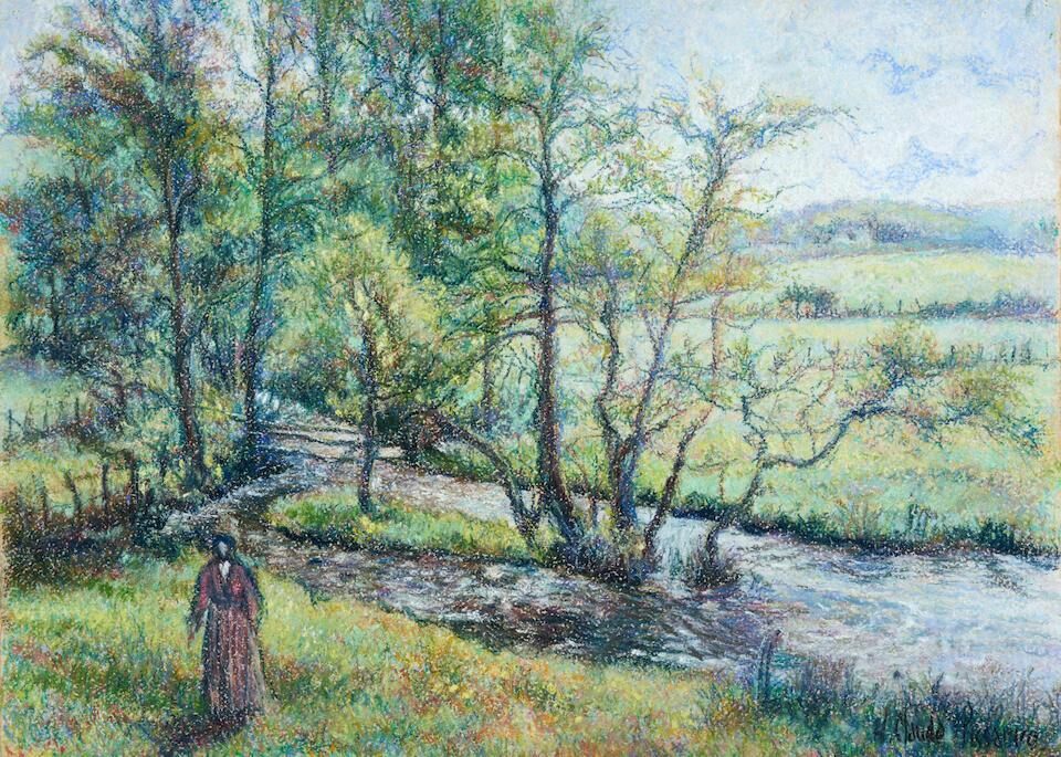 A Woman in Pink by a Stream