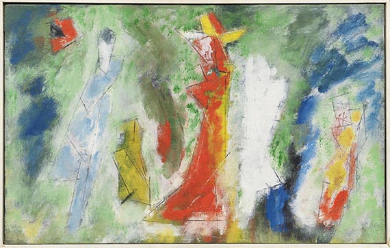 Lyonel Feininger, Figuren in Rot, Blau, Weiß und Gelb