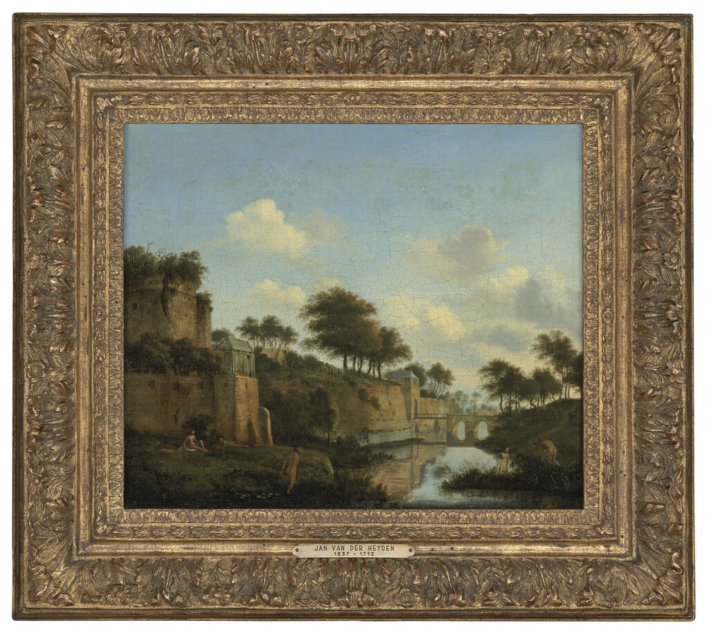 A fortified town with figures bathing