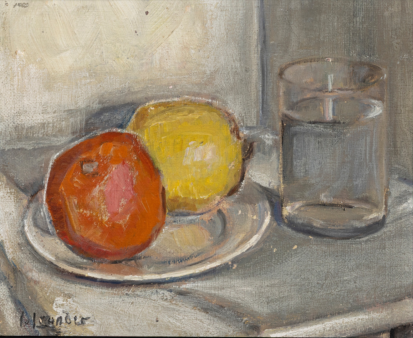 Stilleben med fukter och glas, olja på pannå, signerad, I Leander.