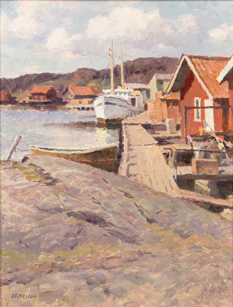 Hamnmotiv, olja på pannå, signerad, Oscarsson.