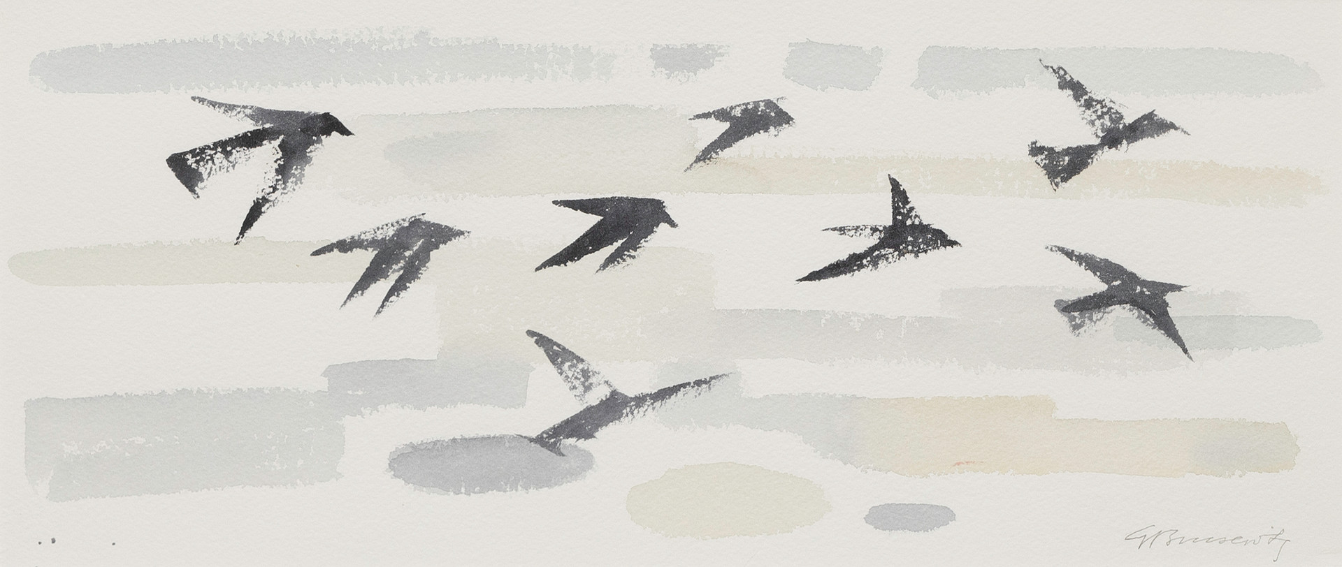 Flygande fåglar, gouache på papper, signerad.