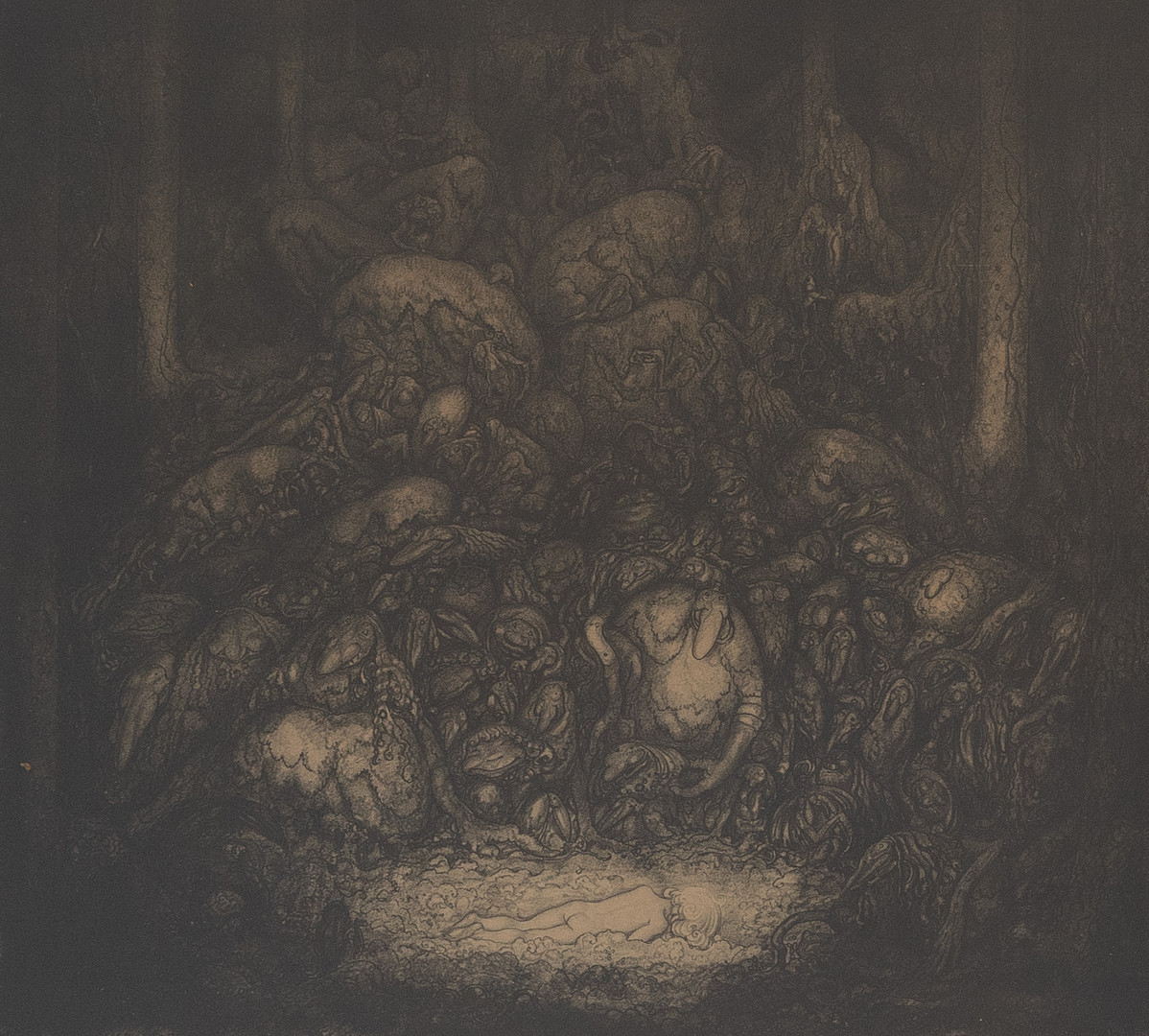 "Sovande flicka omgiven av skogstroll", ur Troll, litografi, signerad och daterad i plåten, John Bauer 1917.