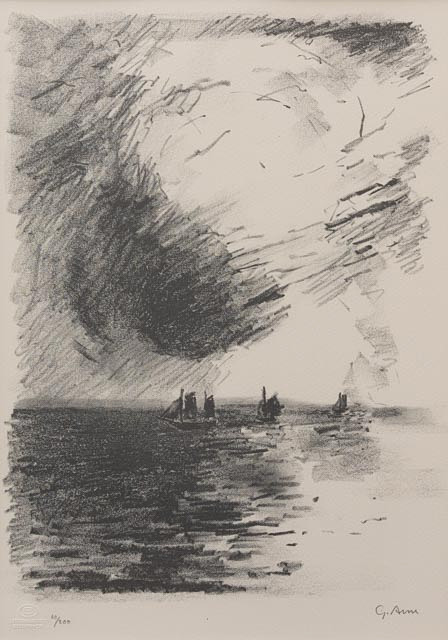 Segelfartyg, litografi nr 60/200, signerad.