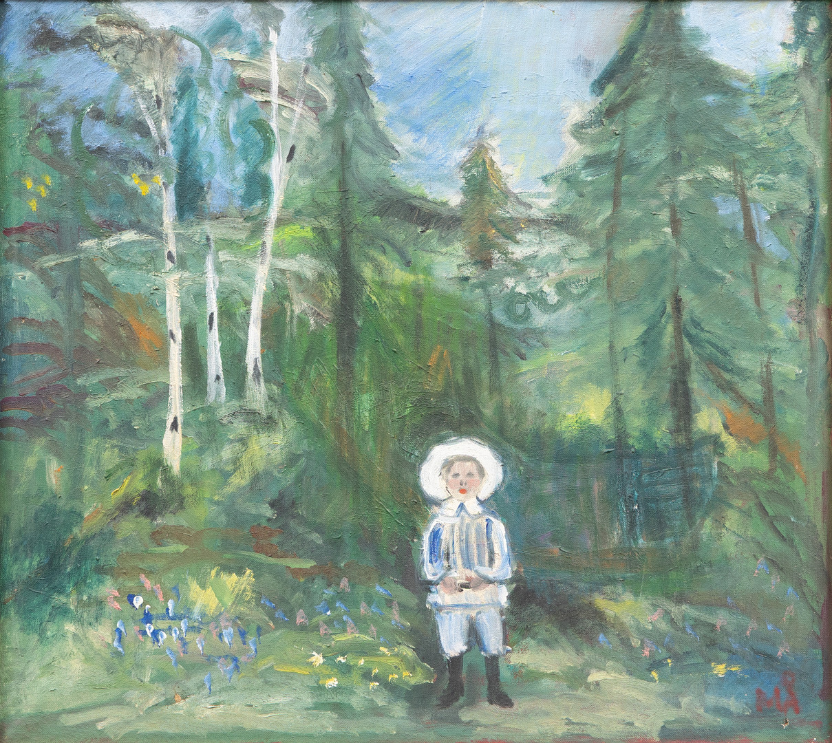 Flicka med hatt i skogsmiljö, olja på duk, signerad.