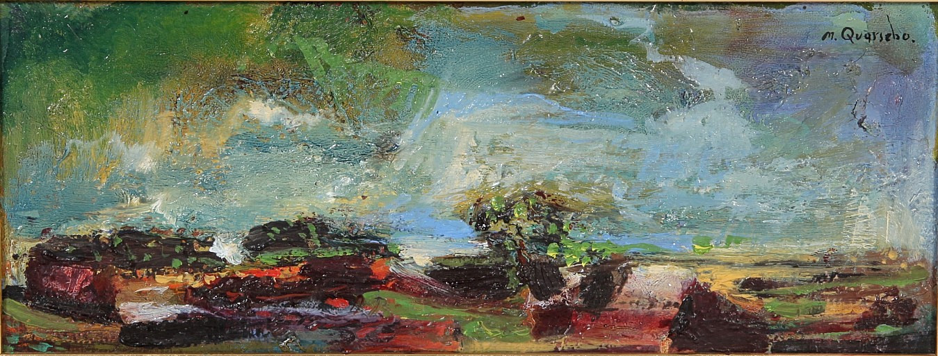 f 1945. Olja på pannå, "Visionärt landskap", signerad -71.