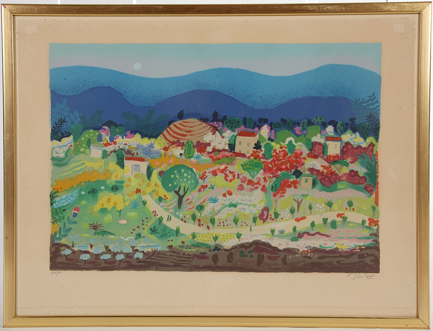1936-2020. Färglitografi, "De blå bergen", signerad.