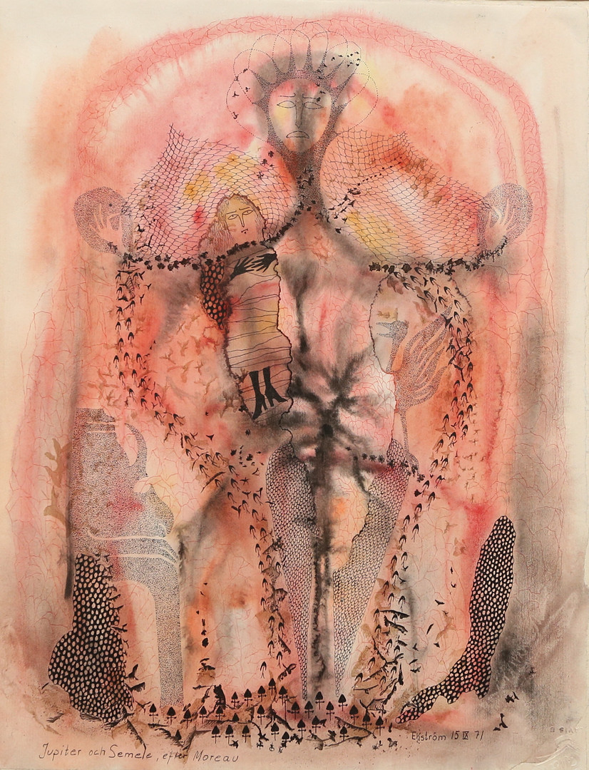 blandteknik, Jupiter och Semele, efter Moreau, signerad Ekström 15 IX 71.