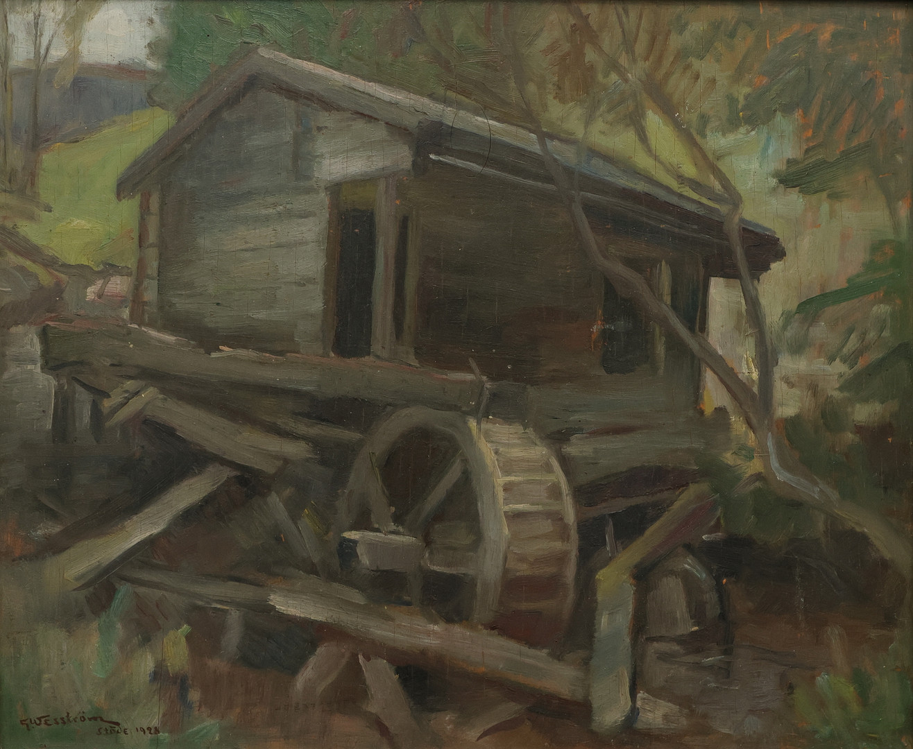 olja på pannå, motiv från Stöde, signerad och daterad 1928.