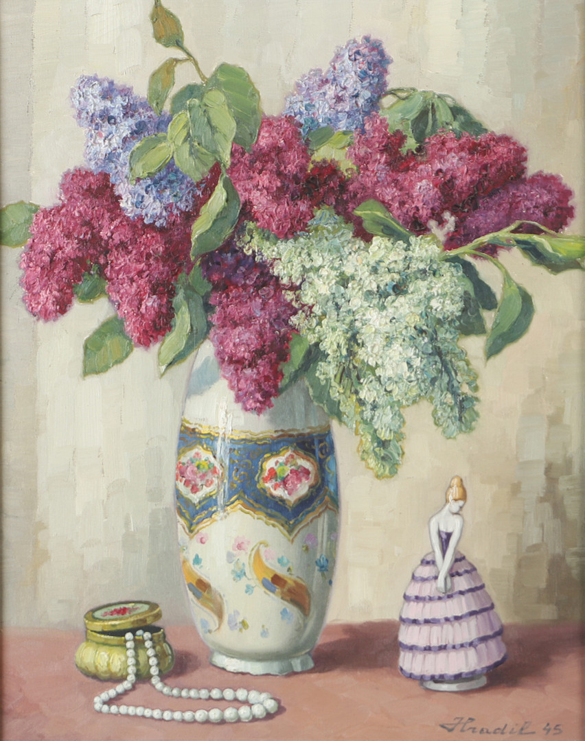 Blomsterstilleben, olja på duk, signerad Hradil 45.