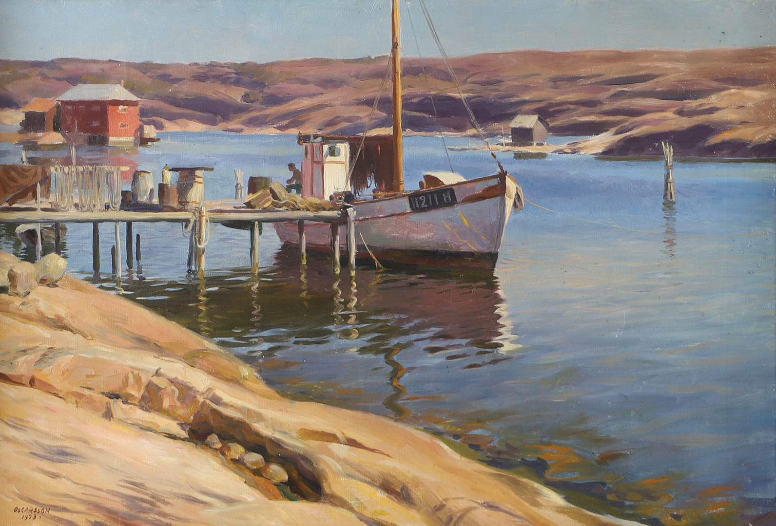 Skärgårdsmotiv med fiskebåt, olja på duk, signerad Oscarsson.