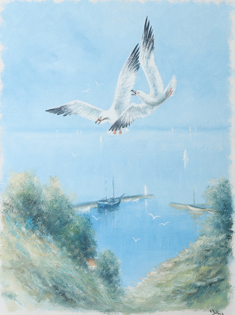 Hamn med måsar, olja på duk, signerad C. Julius.