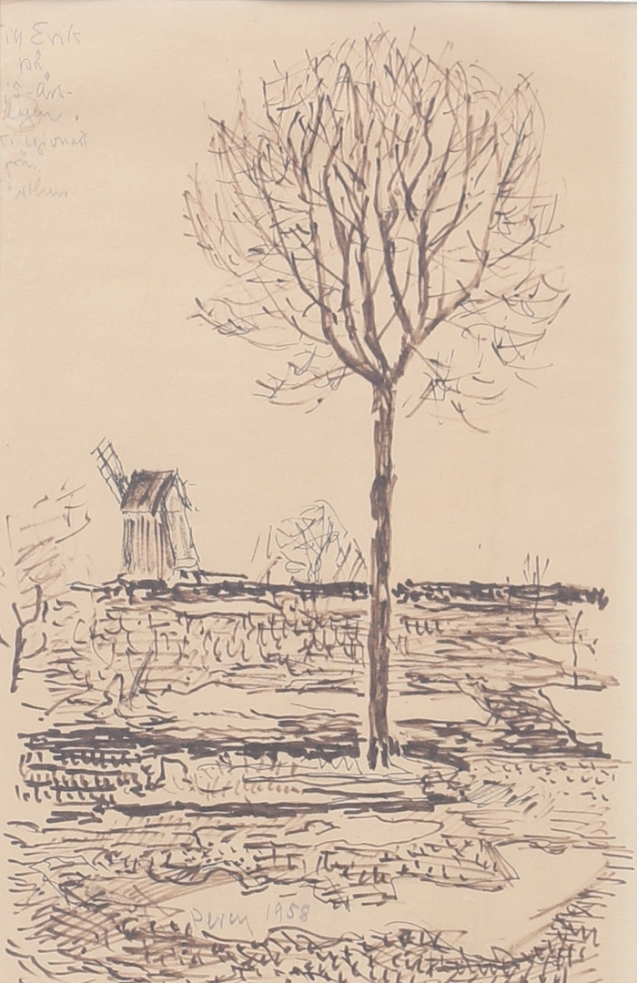 Träd på Öland. Tusch, signerad och daterad 1958.