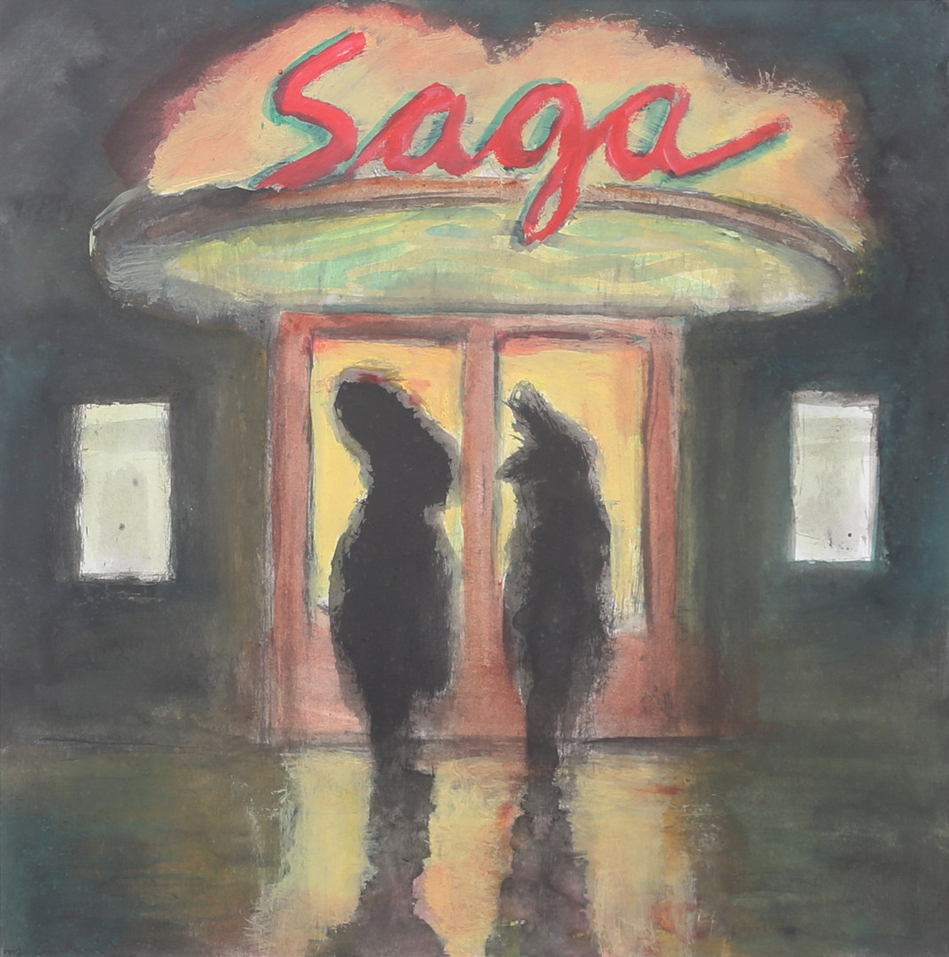 Figurer vid Saga-biografen. Gouache, signerad.