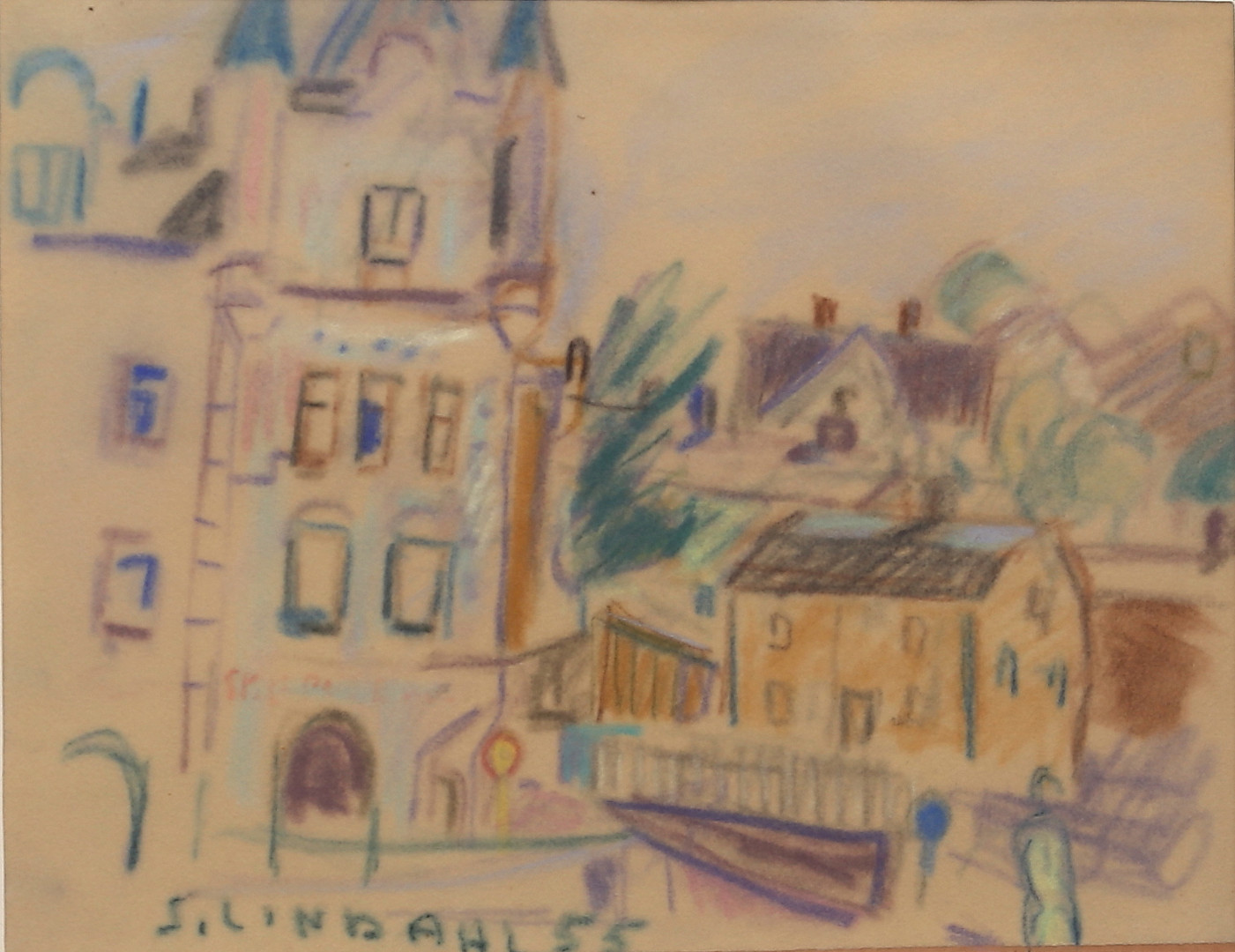 A. Peterssonska huset, Oskarshamn. Pastell, signerad och daterad 55.