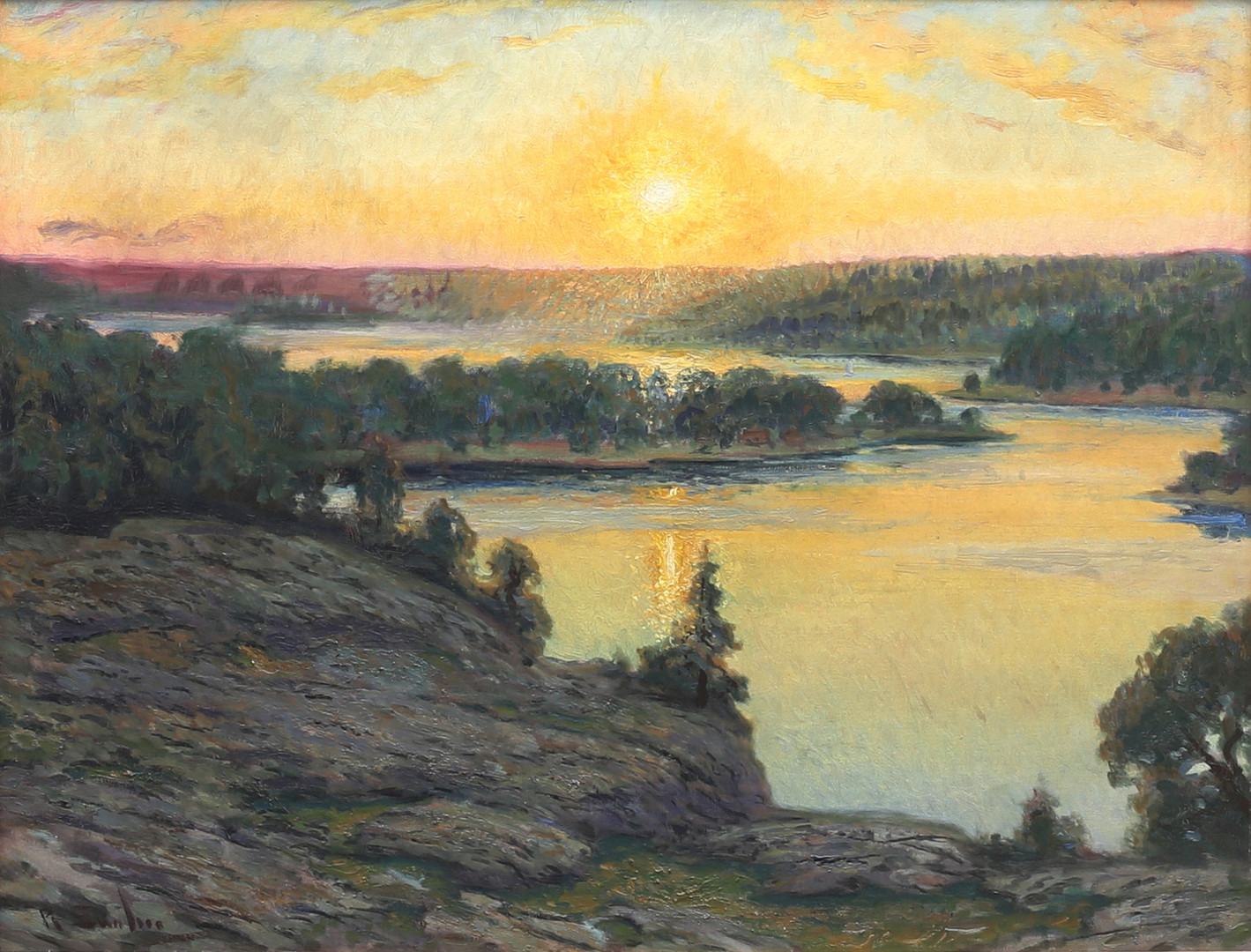 Skärgårdslandskap i soluppgång. Olja på duk, signerad.