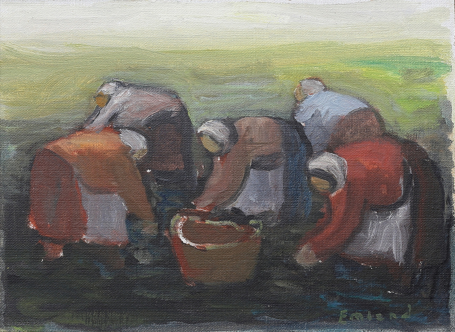 "Potatisplockning". Olja på duk, uppfodrad på pannå, signerad.