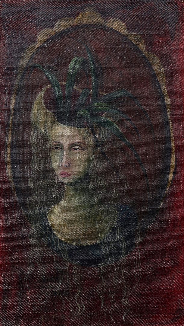 Surrealistiskt kvinnoporträtt, olja på pannå, signerad.