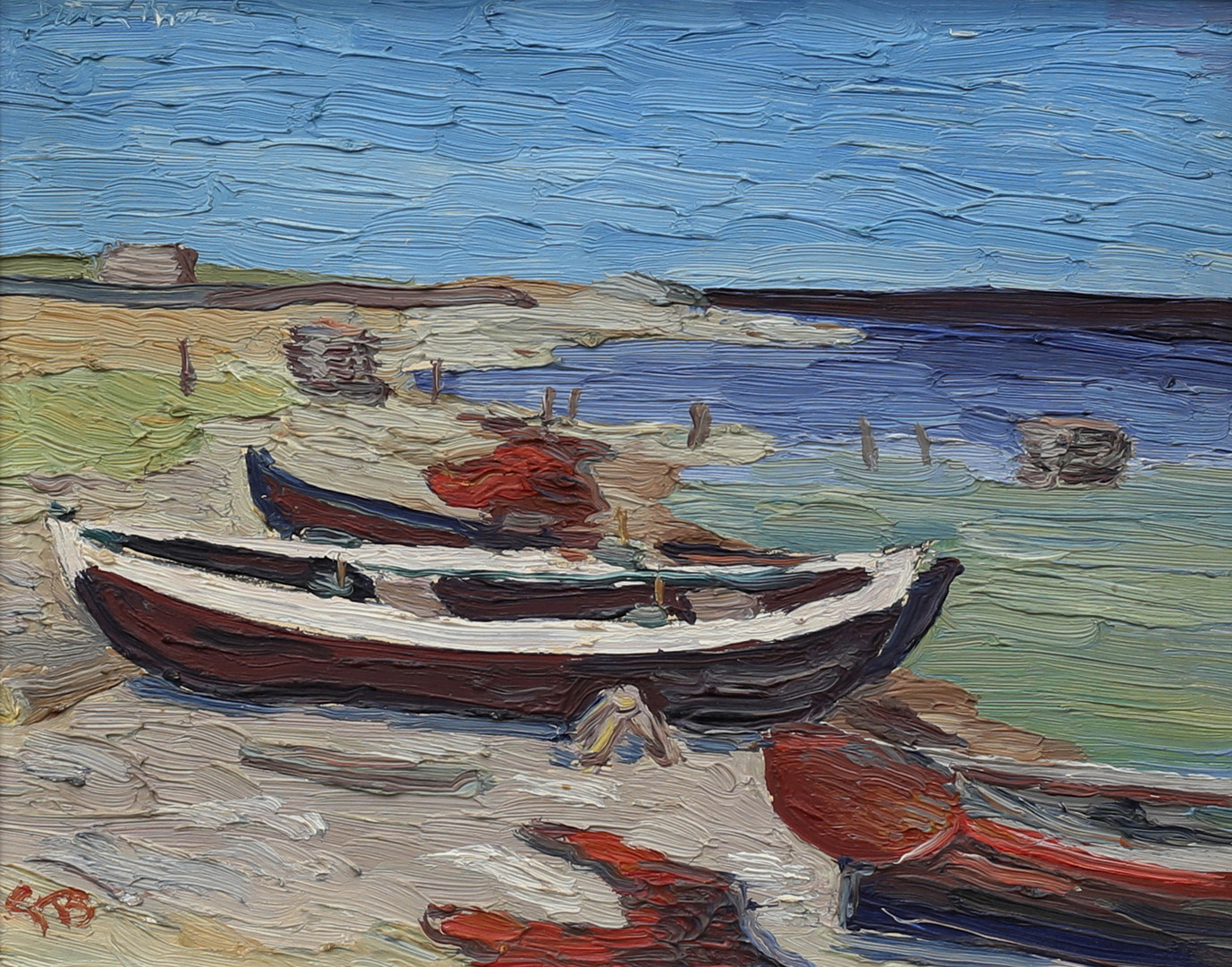 "Båtar vid strand". Olja på pannå, monogramsignerad.
