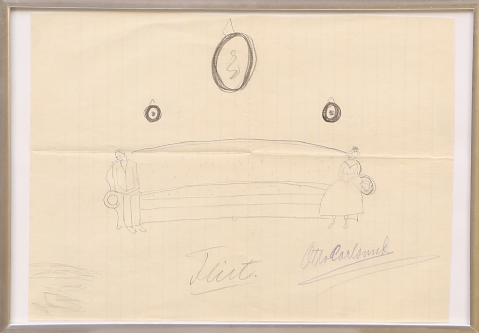 TILLSKRIVEN. blyerts på linjerat papper, signerad Otto Carlsund, "Flirt".
