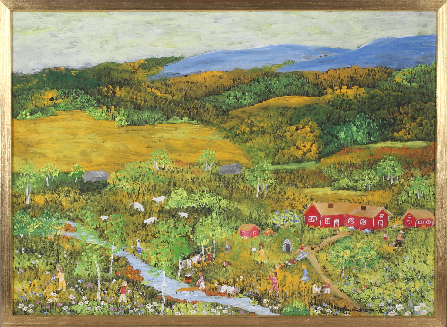 "Livet på landet", gouache på papp, signerad och daterad 75.
