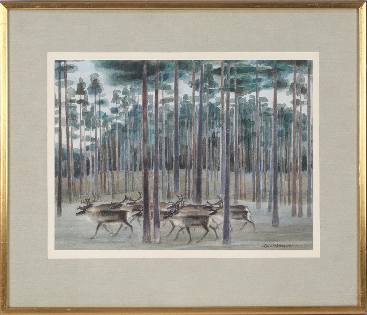 Renhjord i skog, akvarell på papper, signerad och daterad -75.