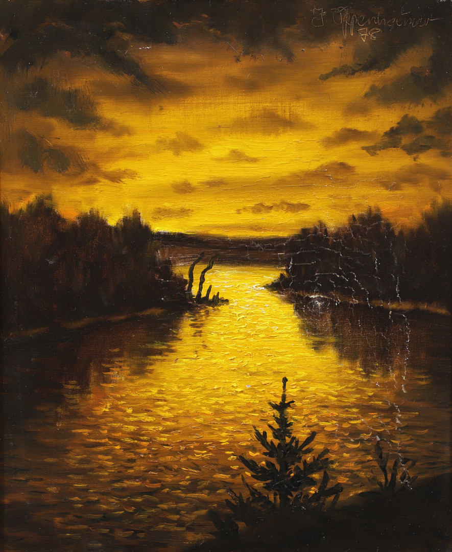 Solnedgång över sjö, olja på duk, signerad och daterad 78.