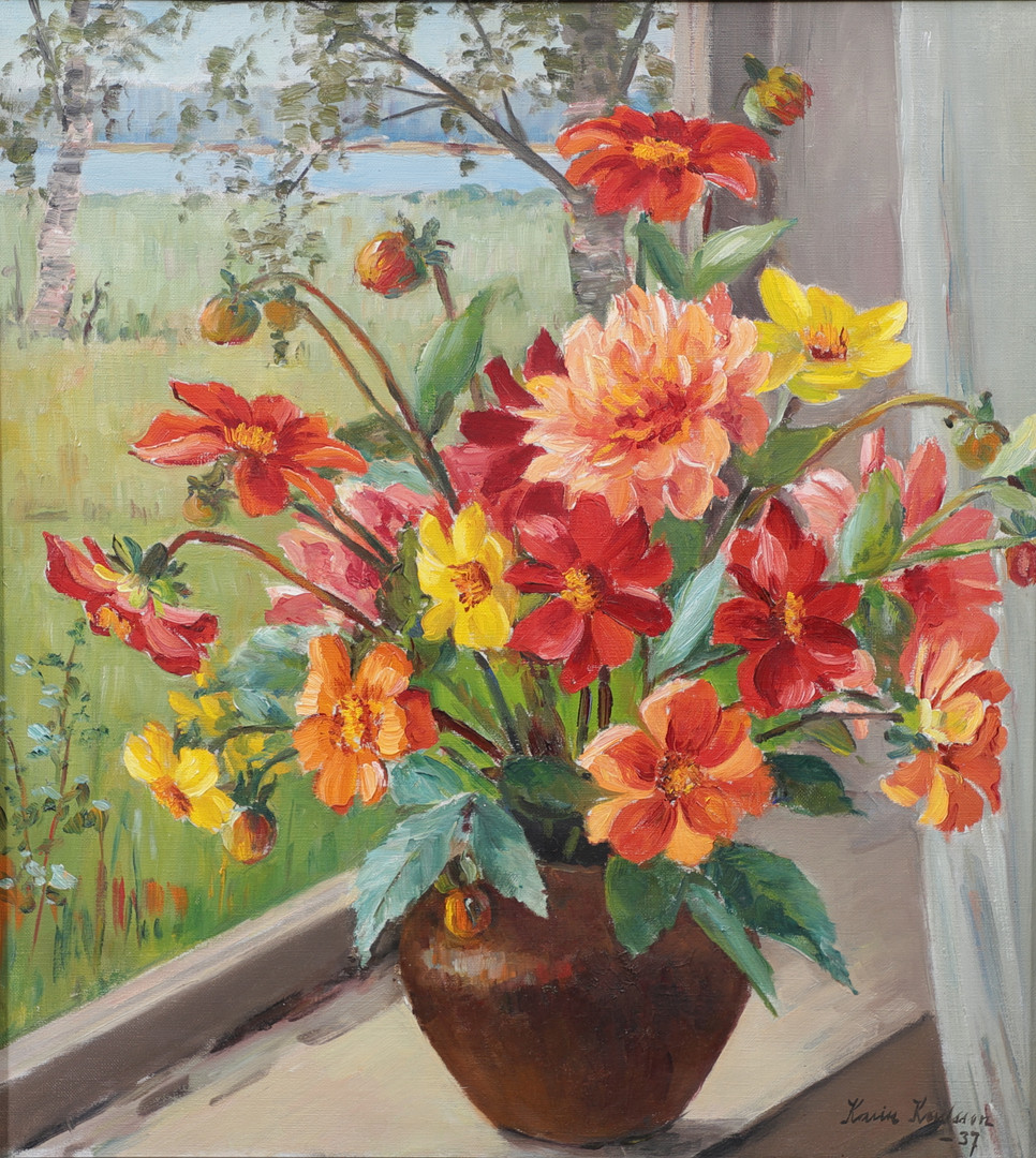 Karin Karlsson, Blommor i vas, olja på duk, signerad, daterad -37.