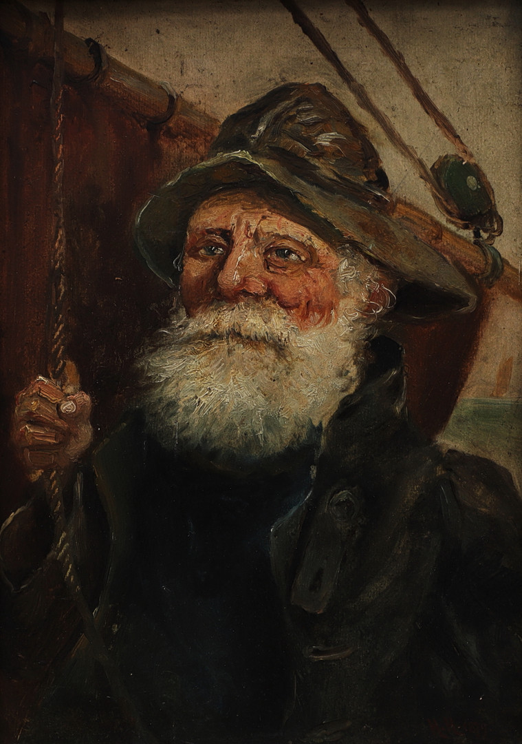 Fiskargubbe, olja på pannå, signerad och daterad 1879.