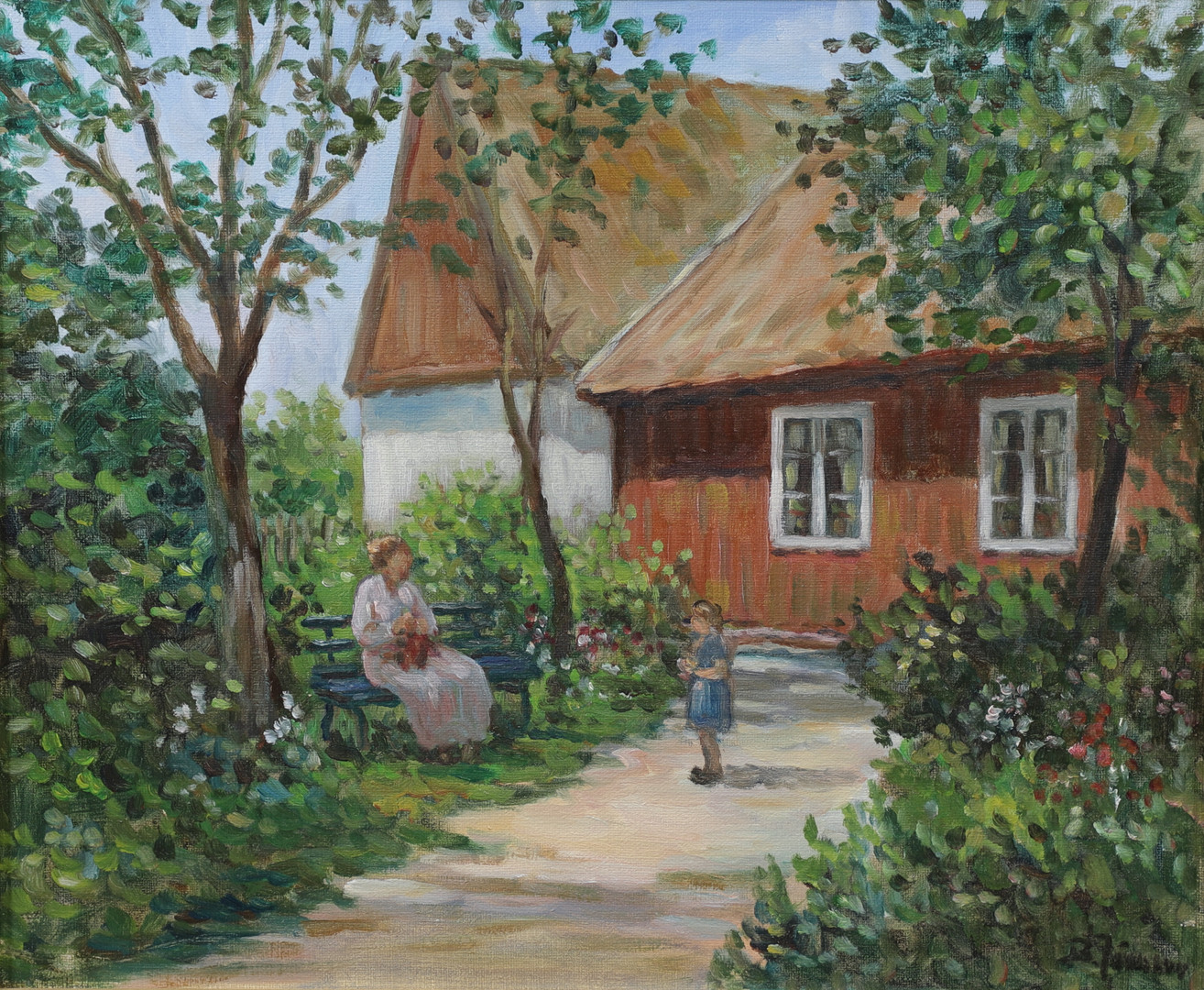 Kvinna och barn i trädgård, olja på duk, signerad.