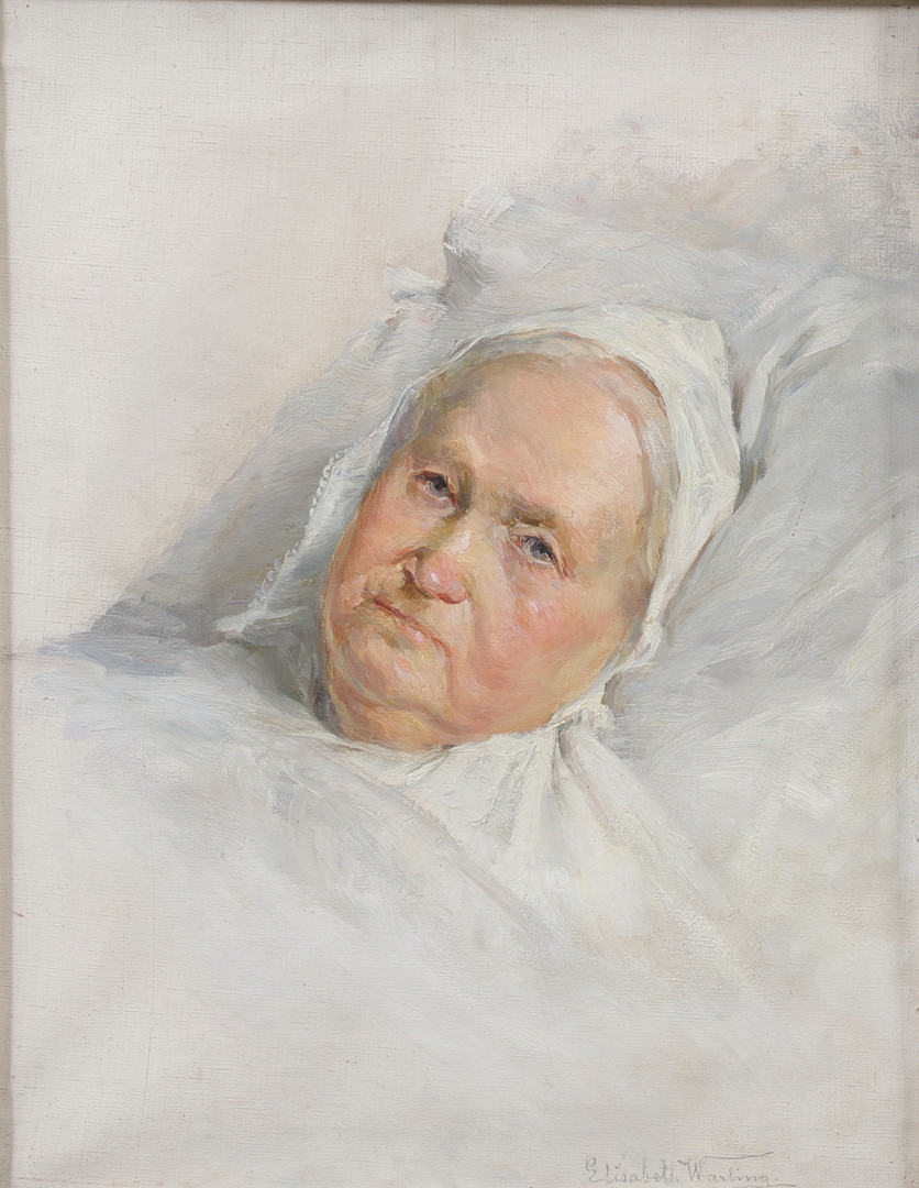 Gumma till bädds, olja på duk, signerad, 1800-tal.