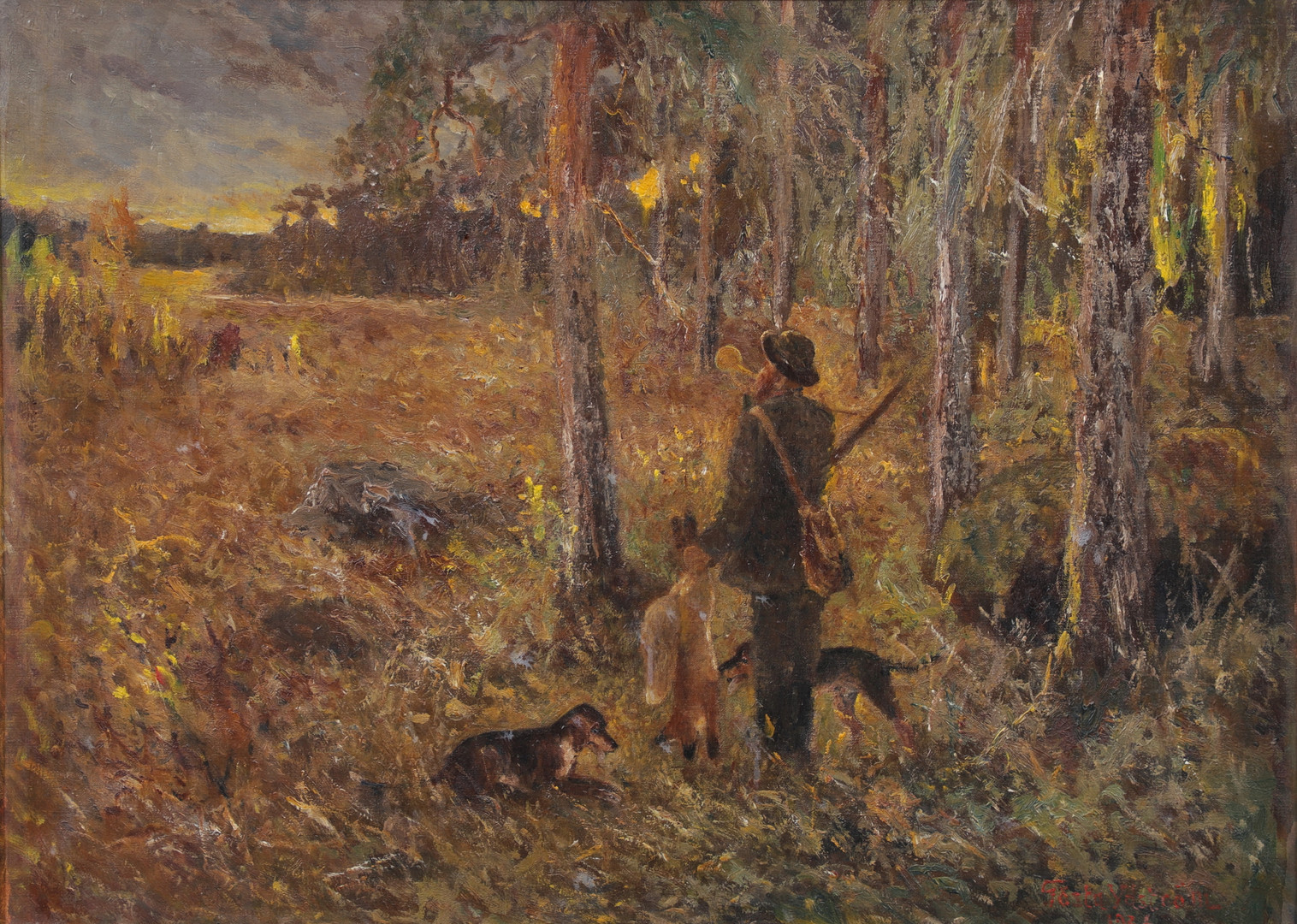 Jaktmotiv, olja på duk, signerad och daterad 1936.