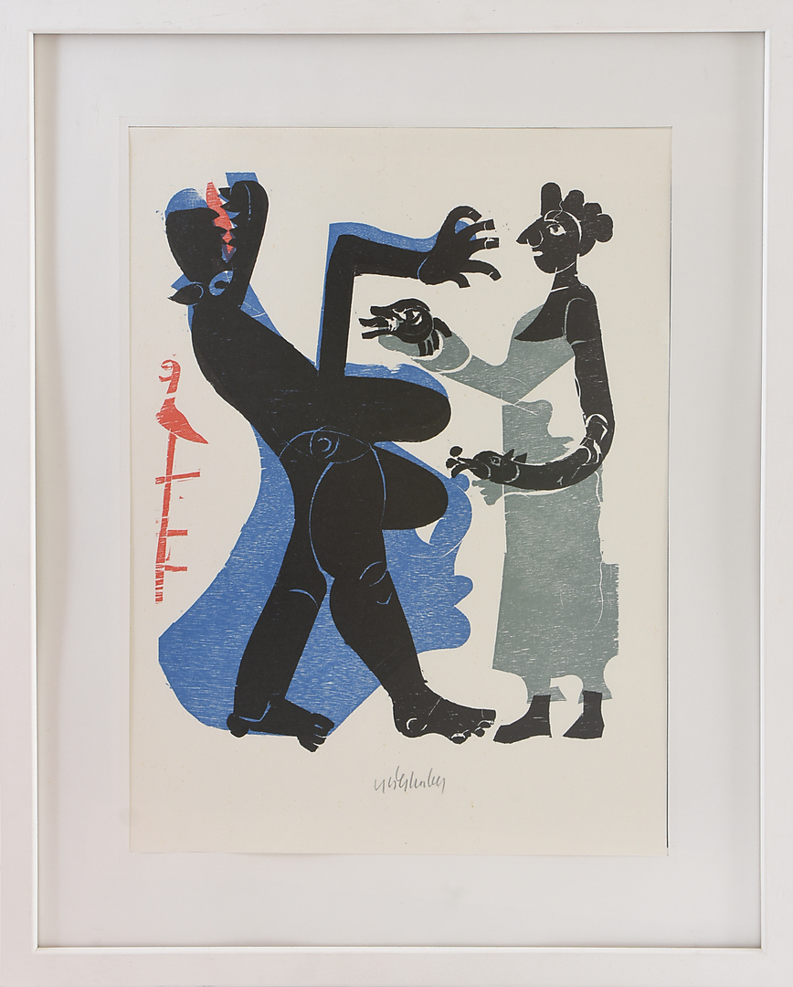 dreiteiliges Konvolut polychromer Holzschnitt, hinter Glas gerahmt, signiert, 1970er-Jahre.