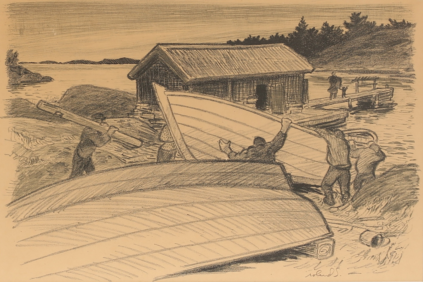 Litografi, "Sjösättning-Möja", signerad.