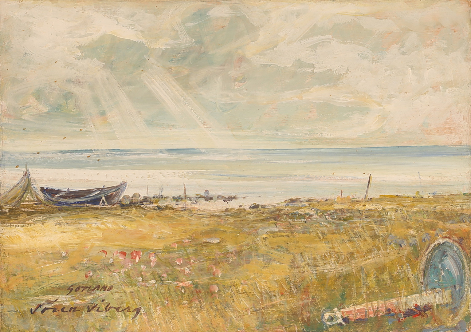 Olja på pannå, "Gotland", signerad.