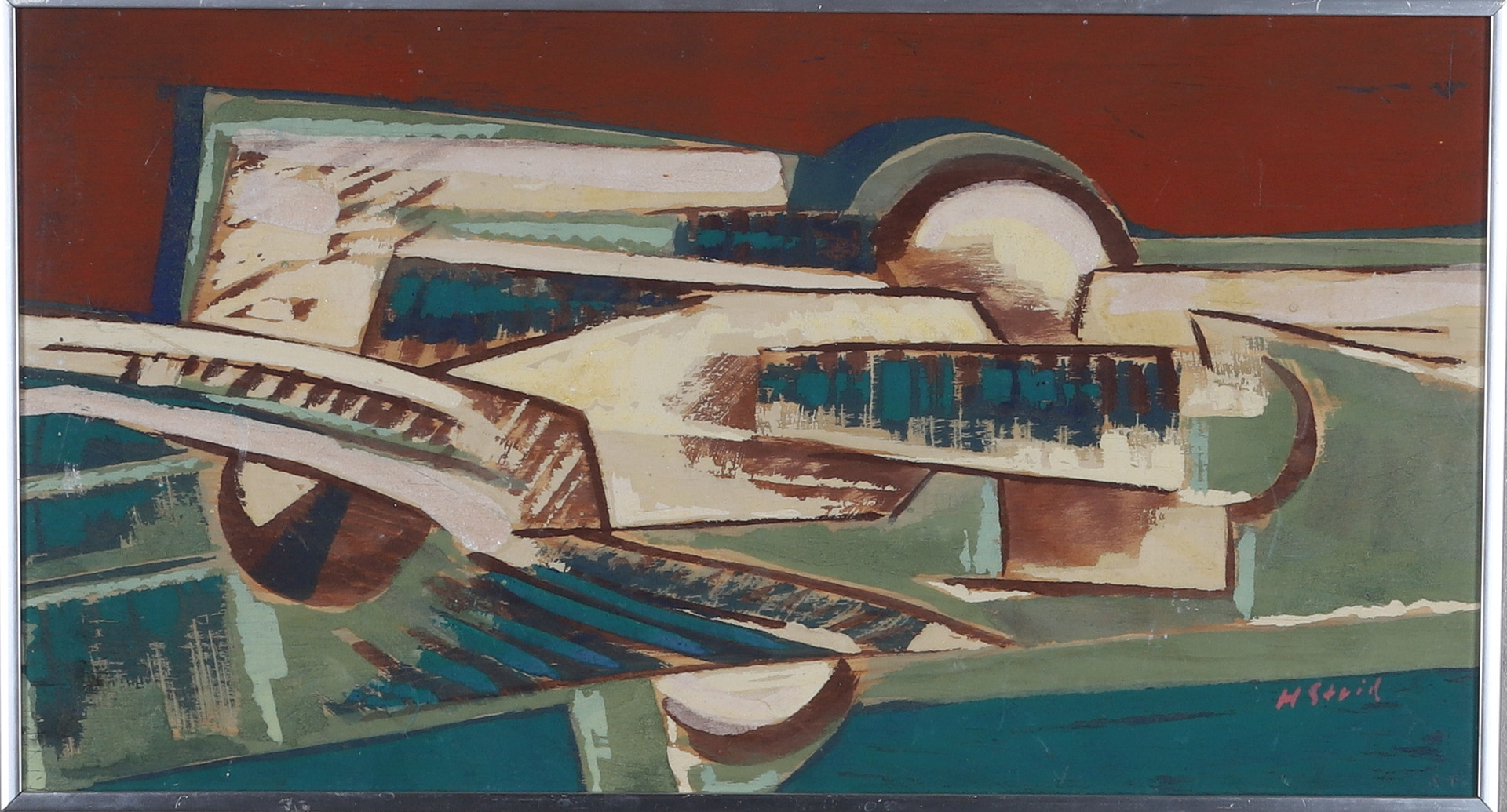 Tempera på pannå, " I trädgården", signerad och daterad 1957.