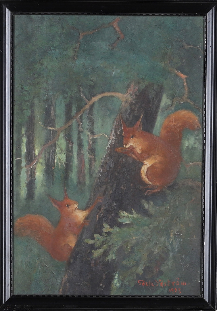 Olja på duk, Ekorrar, signerad och daterad 1923.