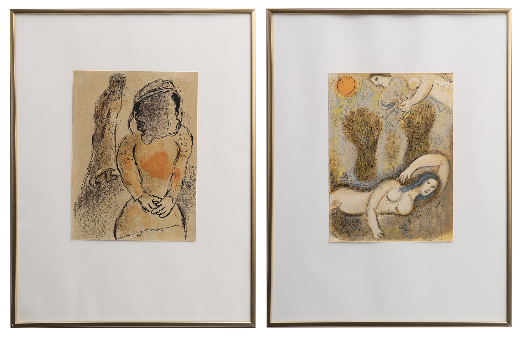 TVÅ LITOGRAFIER "TAMAR, JUDAS SVÄRDOTTER" OCH "BOAS VAKNAR OCH SER RUT VID SINA FÖTTER" UR "DESSINS POUR LA BIBLE, VERVE VOL. X, NR 37/38, MOURLOT PARIS, 1960.