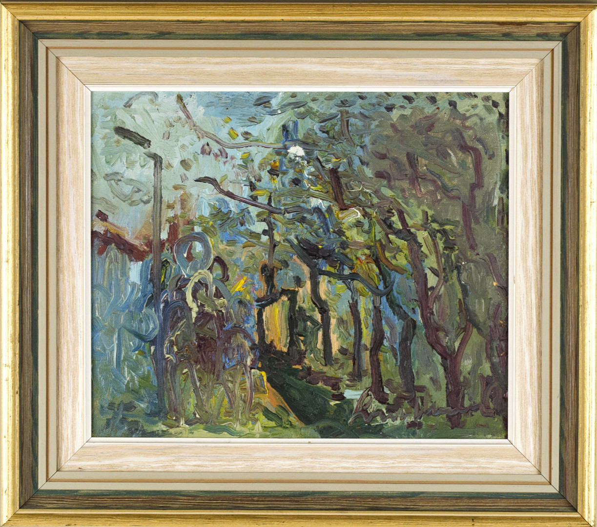 Olja på duk, träd och figurer, signerad.