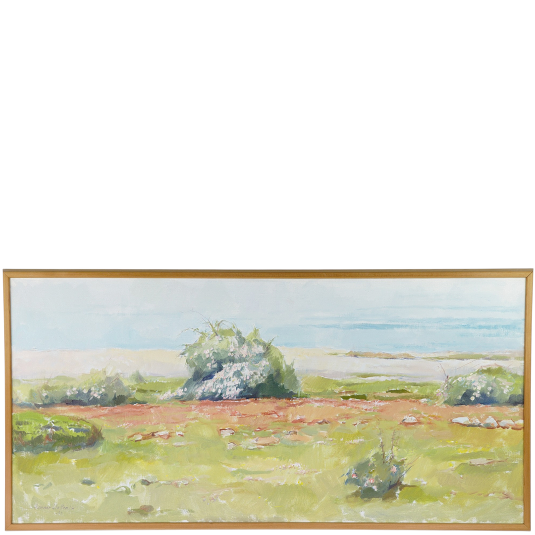 Olja på duk, strandparti med vresrosor, signerad, -91.