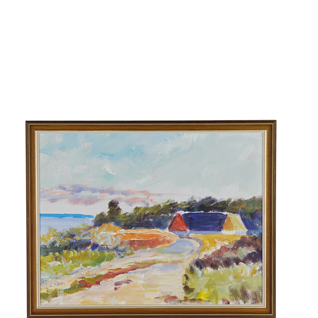 Olja på duk, strandnära hus i skogsdunge, signerad.