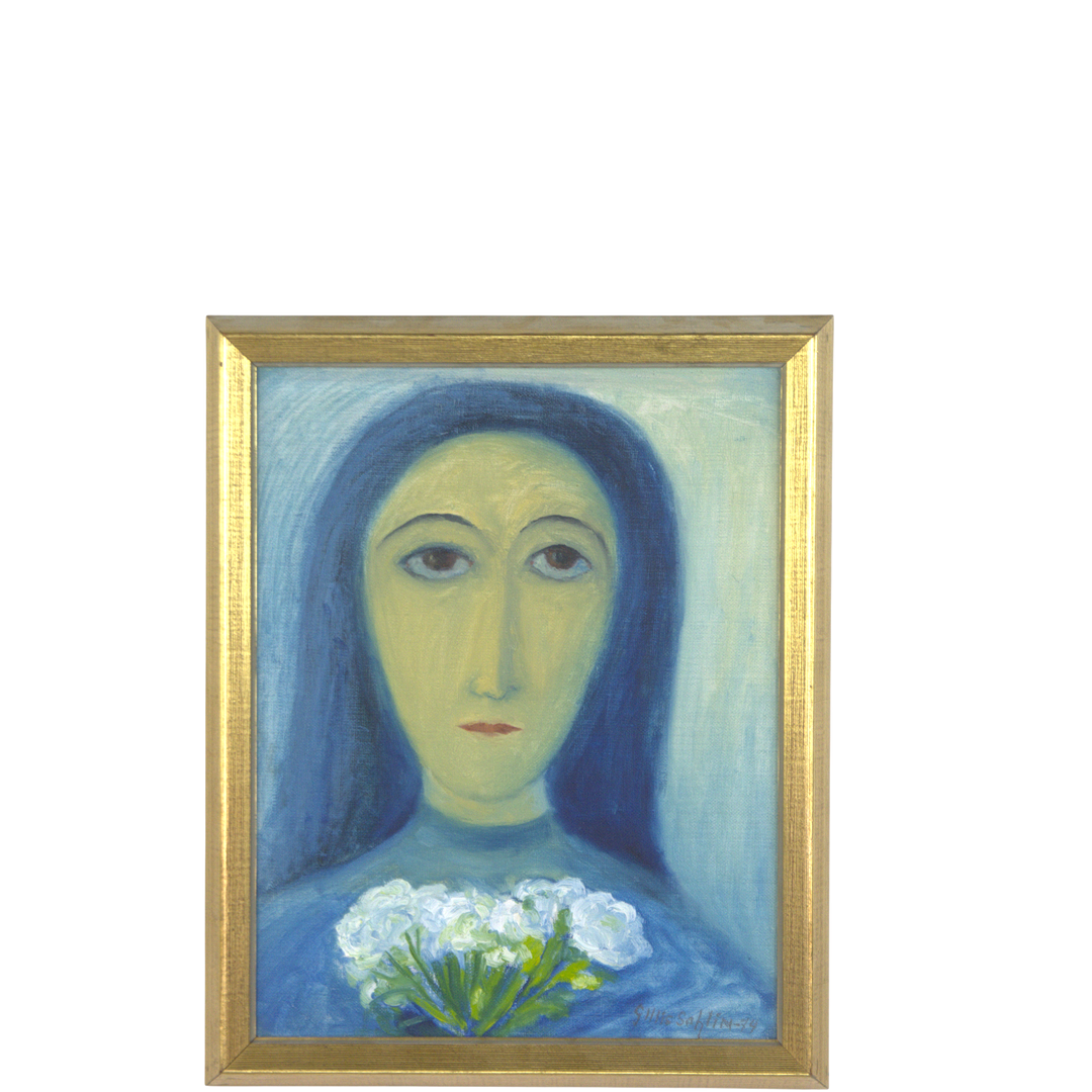 Olja på pannå, porträtt, kvinna med blombukett, signerad, -74.
