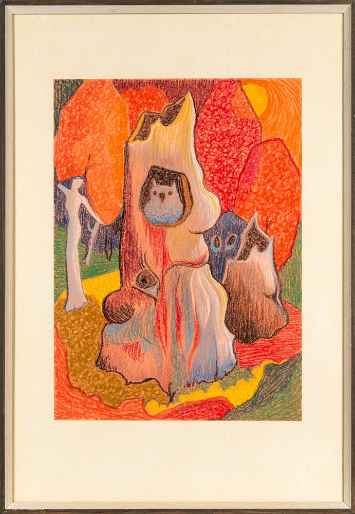 Pastell, "Trollstubben där ugglan bor", Signerad, år 1977.