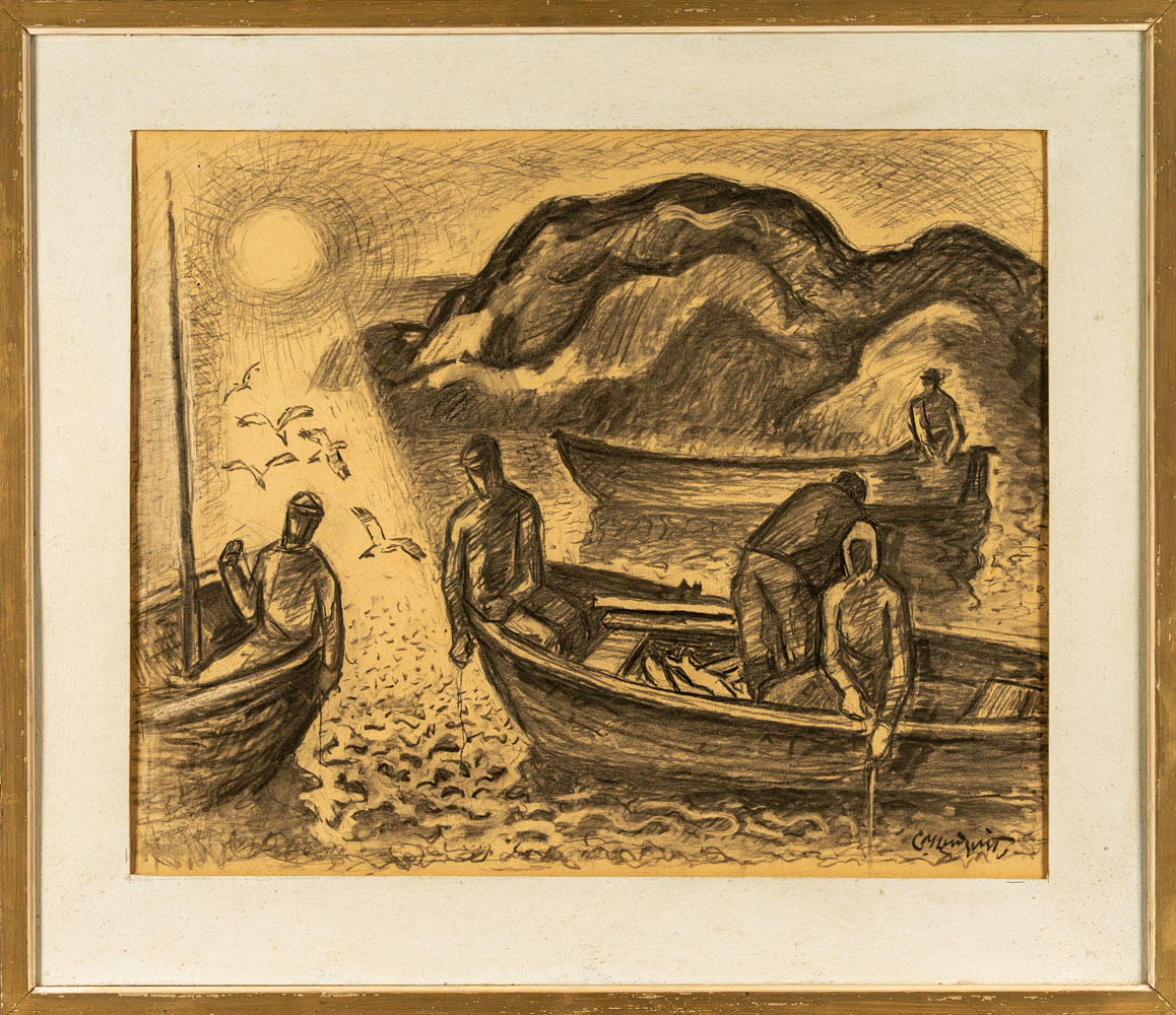 Kolteckning, signerad "fiskare på sjön" tidigt 1900tal.