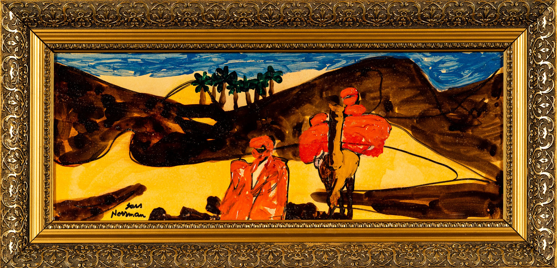 Olja på pannå, signerad, 1900tal, motiv "kameler i öknen".
