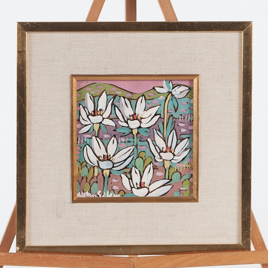 Blomsterkomposition. Gouache/tempera på pannå, signerad Aly Ben Salem.
