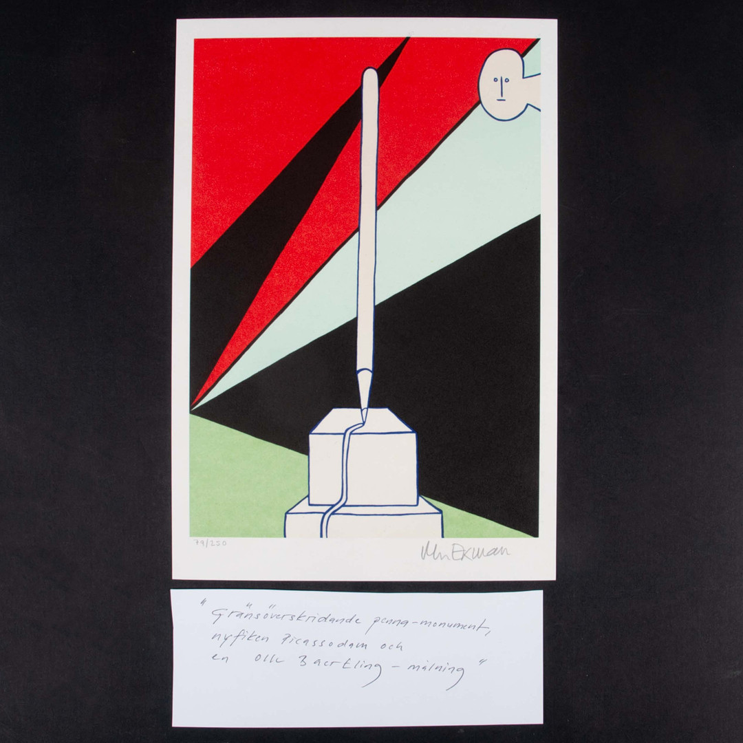 Färglitografi "Gränsöverskridande penna-monument, nyfiken Picassodam och en Olle Baertling-målning" signerad 79/250.