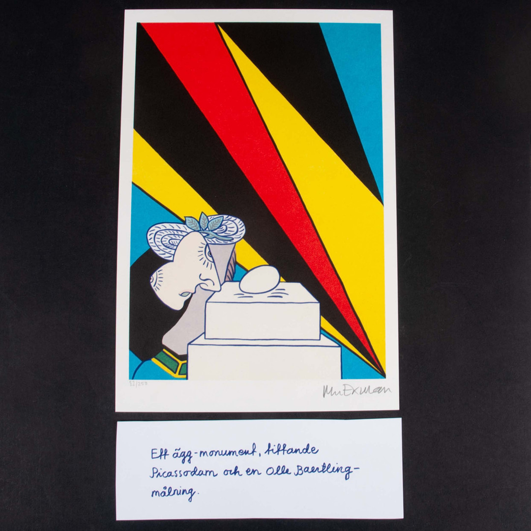 Färglitografi "Ett ägg-monument, tittande Picassodam och en Olle Baertling-målning" signerad 82/250.