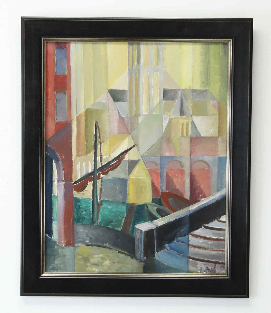 Olja på pannå, " Kanal i Chioggia" signerad och daterad 1956.
