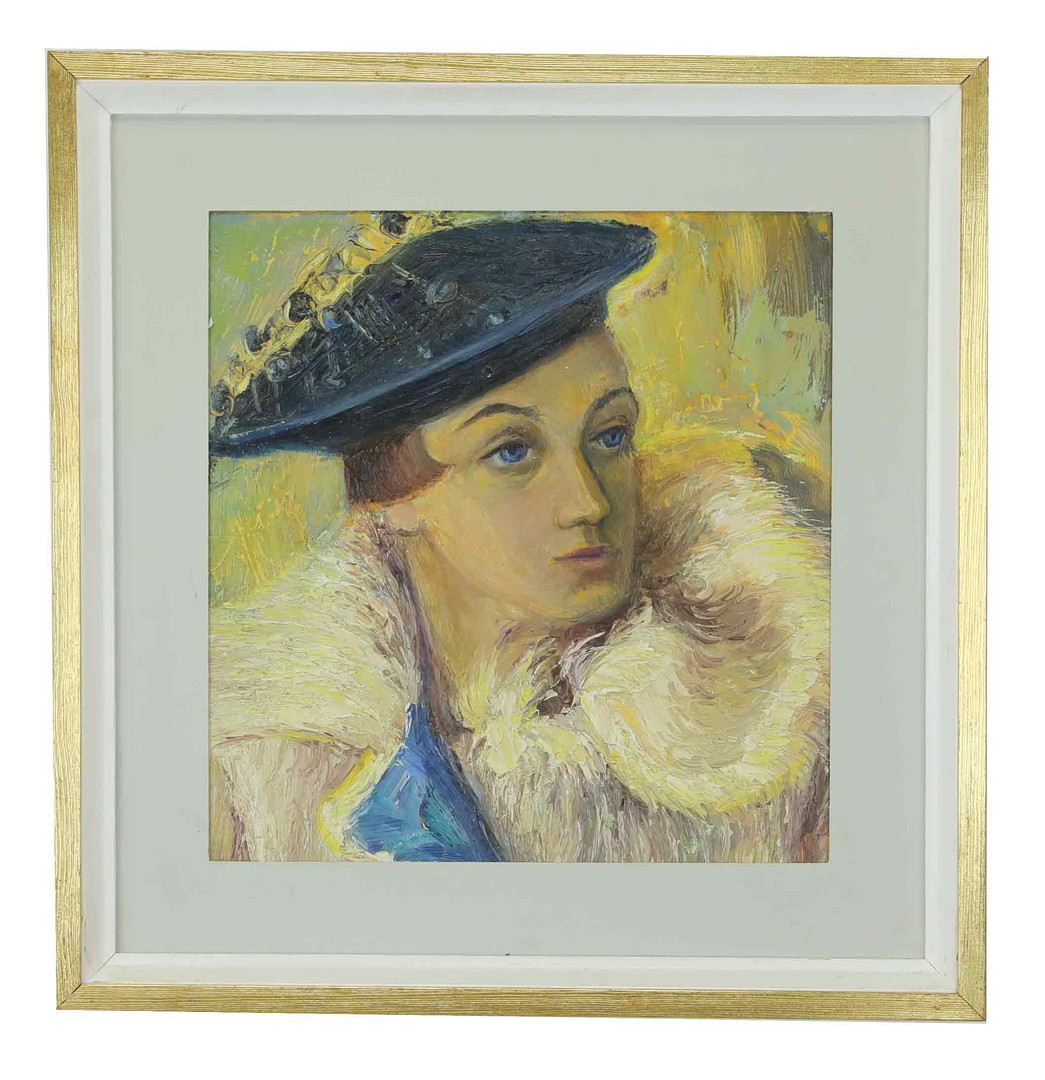 Olja på pannå, "Den blå hatten", signerad, daterad 1938.